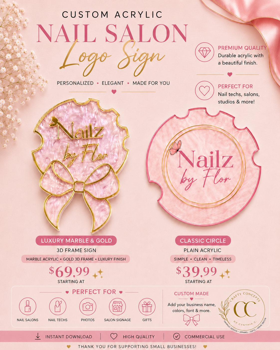 A promotional graphic for a custom acrylic nail salon logo sign, showing two sample designs: a bow-shaped frame with a marble and gold finish and a classic round frame in pink. The design includes text for 'Nail by Flor' and pricing details on a pink background.