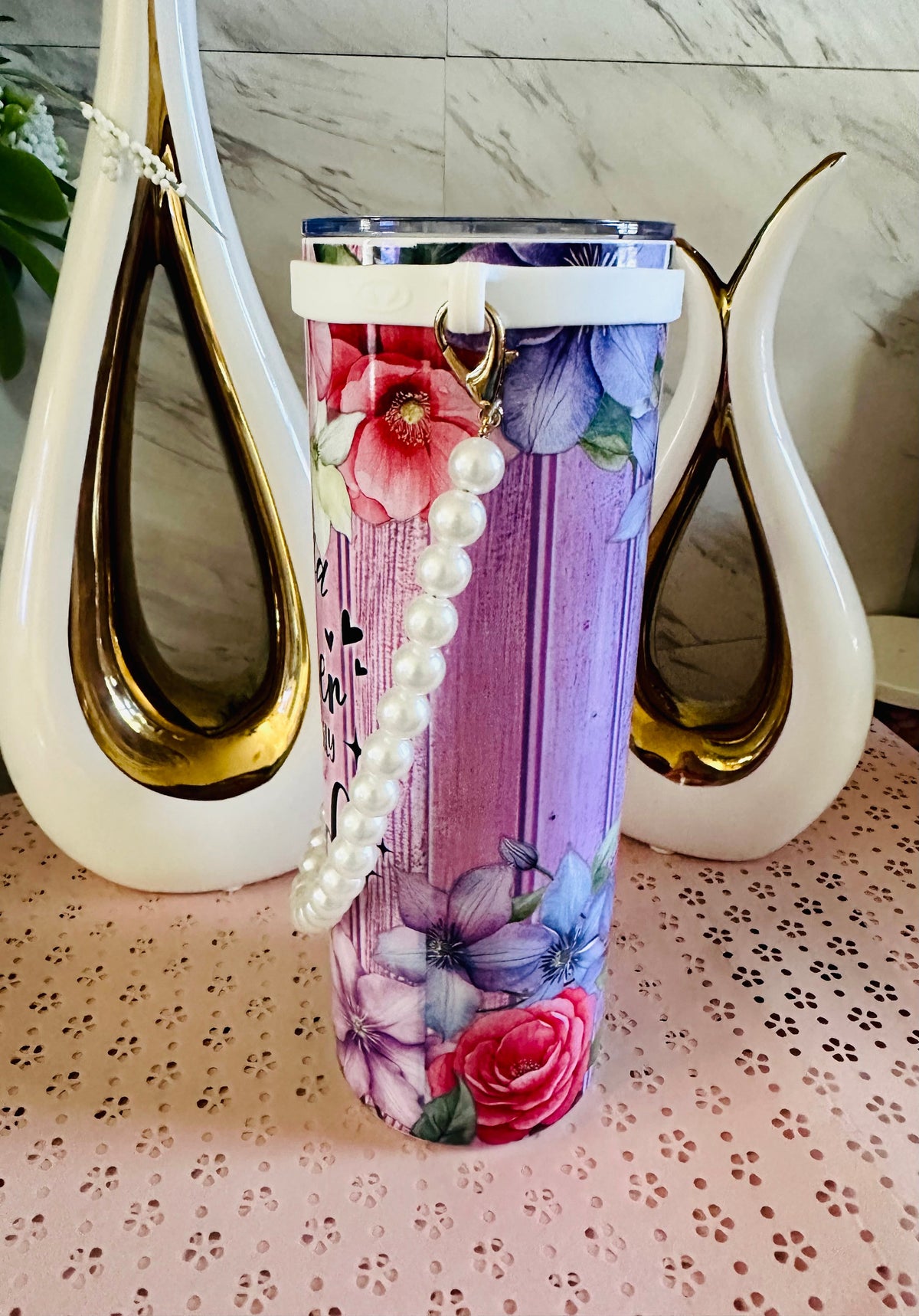 Floral Pearl Handle 20 oz Tumbler | Elegant Gift for Mom, Grandma & Her Crafty Concepts by Cynthia