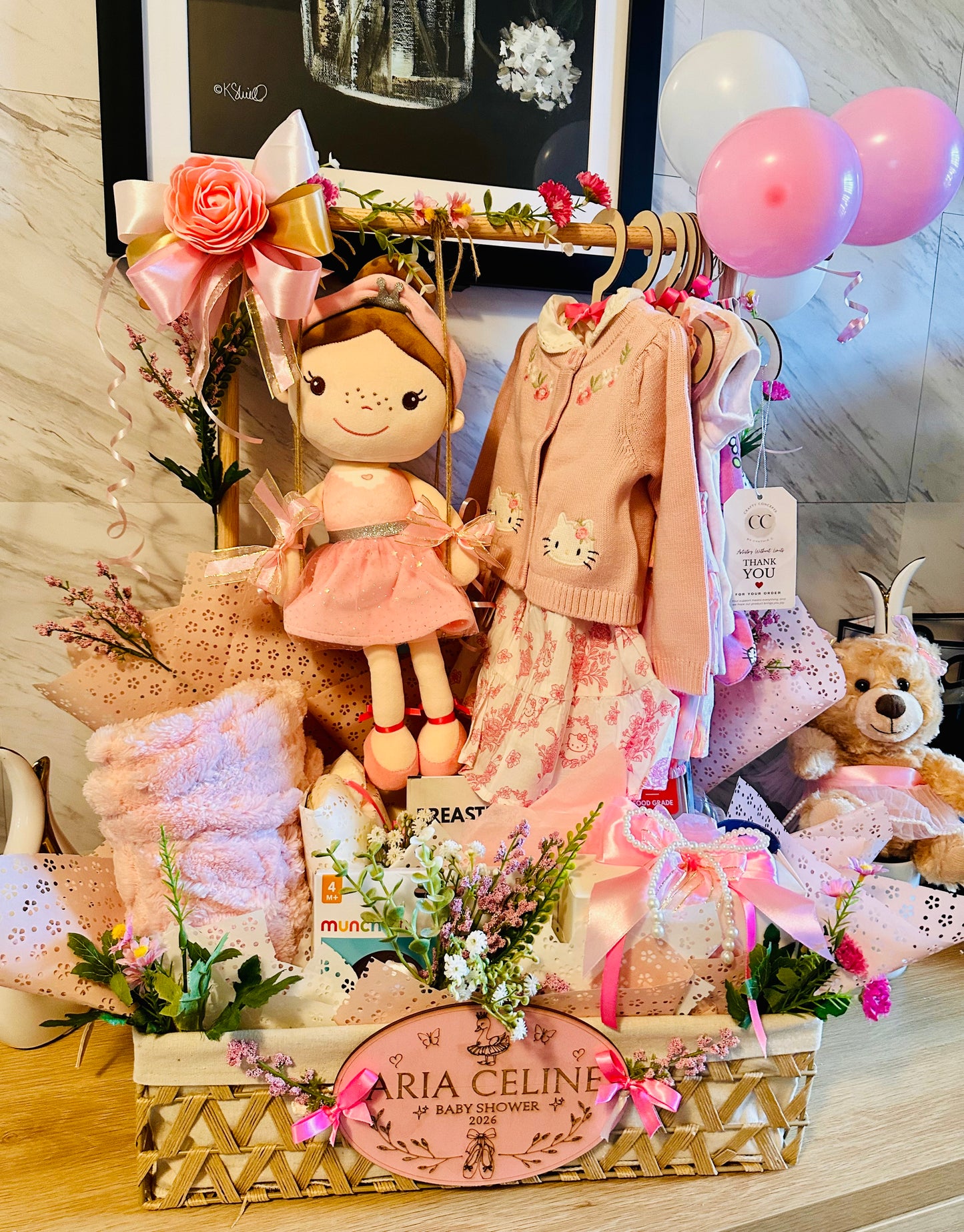 Deluxe Baby Shower Gift Basket with Clothing Rack | Engraved Name Sign & Plush Doll | Local Miami Delivery
