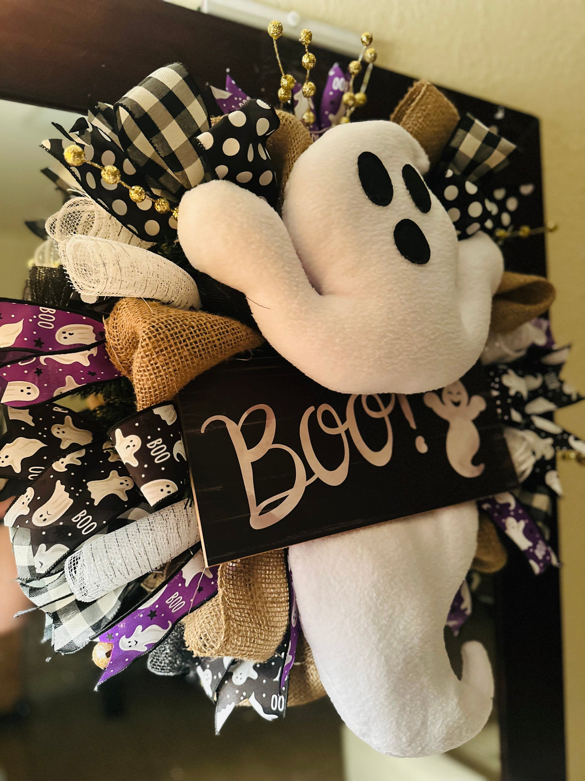 "Boo!" Ghost Halloween Door Wreath β Plush Ghost with Wood Sign Crafty Concepts by Cynthia