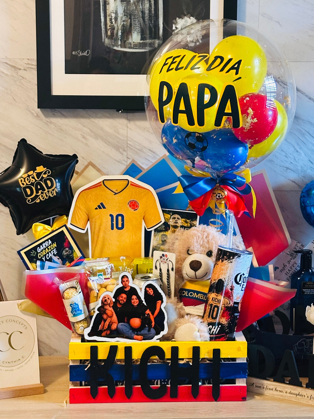 Custom Gift Basket Arrangement | Personalized Wood Crate with Balloons, Teddy & Treats | Local Miami Delivery & Pickup Only Crafty Concepts by Cynthia