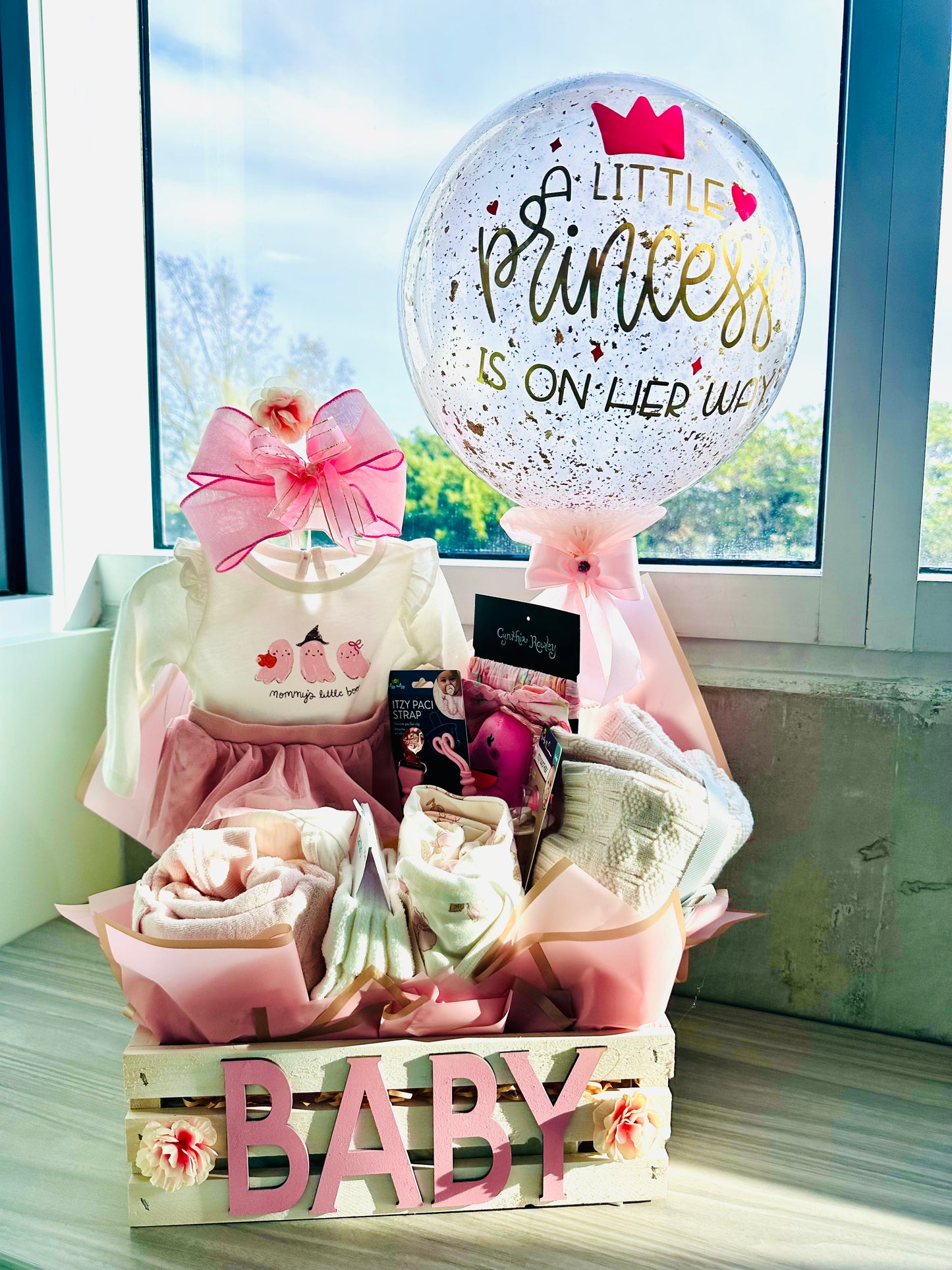 Baby Girl Gift Basket | Wood Crate Baby Shower Gift with Balloon & Keepsakes | Local Miami Delivery