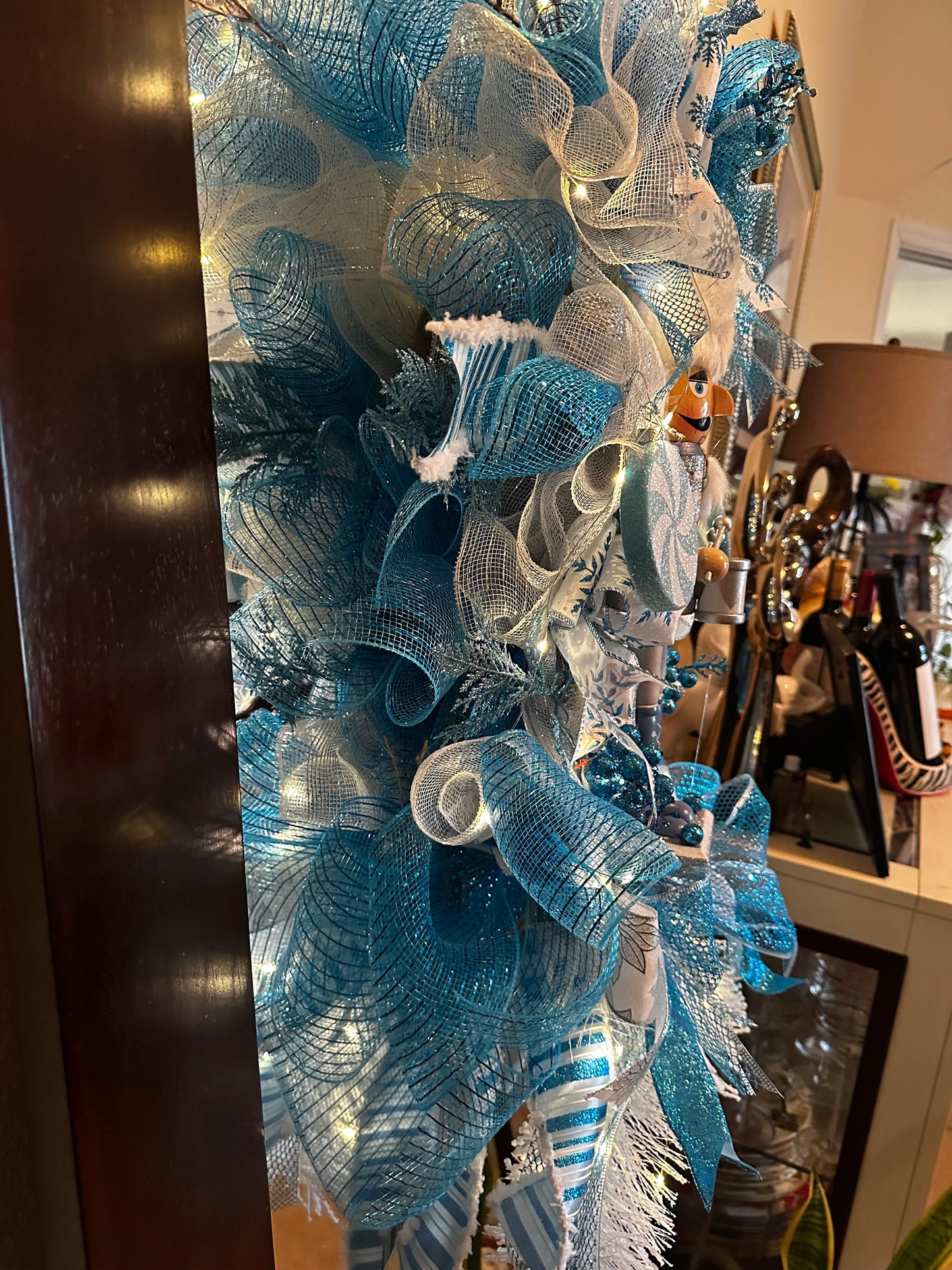 Ice blue and silver Christmas Nutcracker front door wreath.