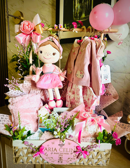 Deluxe Baby Shower Gift Basket with Clothing Rack | Engraved Name Sign & Plush Doll | Local Miami Delivery
