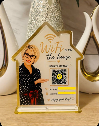 Custom Acrylic QR Code Sign · Google Review, Social Media, WiFi & Payment Display · Full Color or 3D Gold Accents