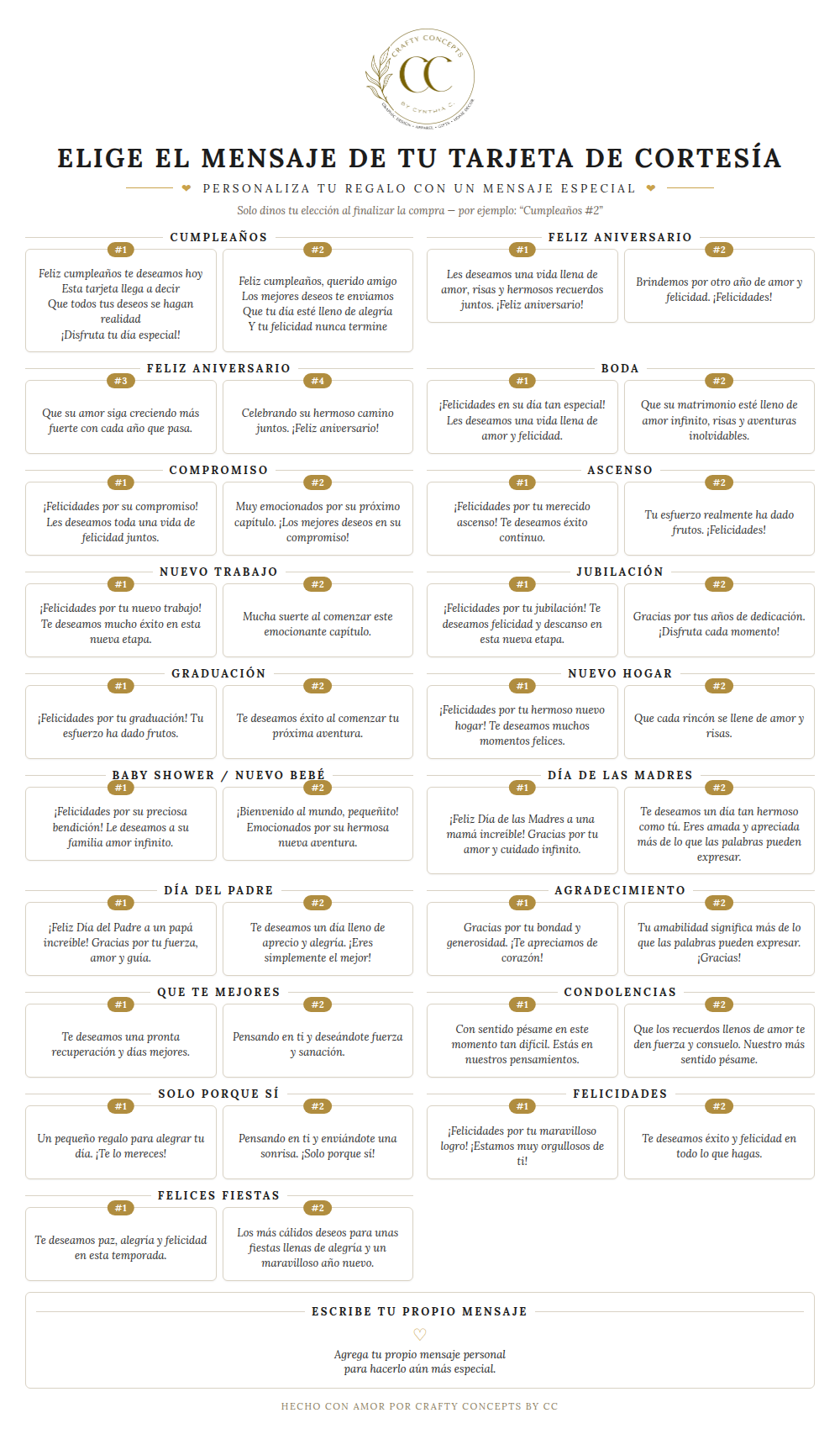 A digital preview of a Spanish-language greeting card message sheet titled 'Elige el mensaje de tu tarjeta de cortesía' with a decorative circular monogram logo at the top. The sheet contains multiple columns of text in black on a white background, with small gold accent labels under several entries.