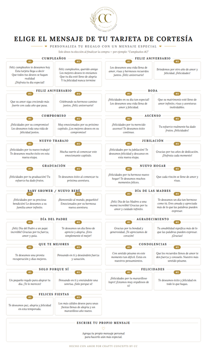 A digital preview of a Spanish-language greeting card message sheet titled 'Elige el mensaje de tu tarjeta de cortesía' with a decorative circular monogram logo at the top. The sheet contains multiple columns of text in black on a white background, with small gold accent labels under several entries.