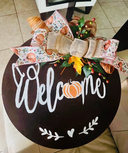 Fall Welcome Door Hanger | 18" Hand-Painted Pumpkin Round Wood Sign | Autumn Front Door Decor
