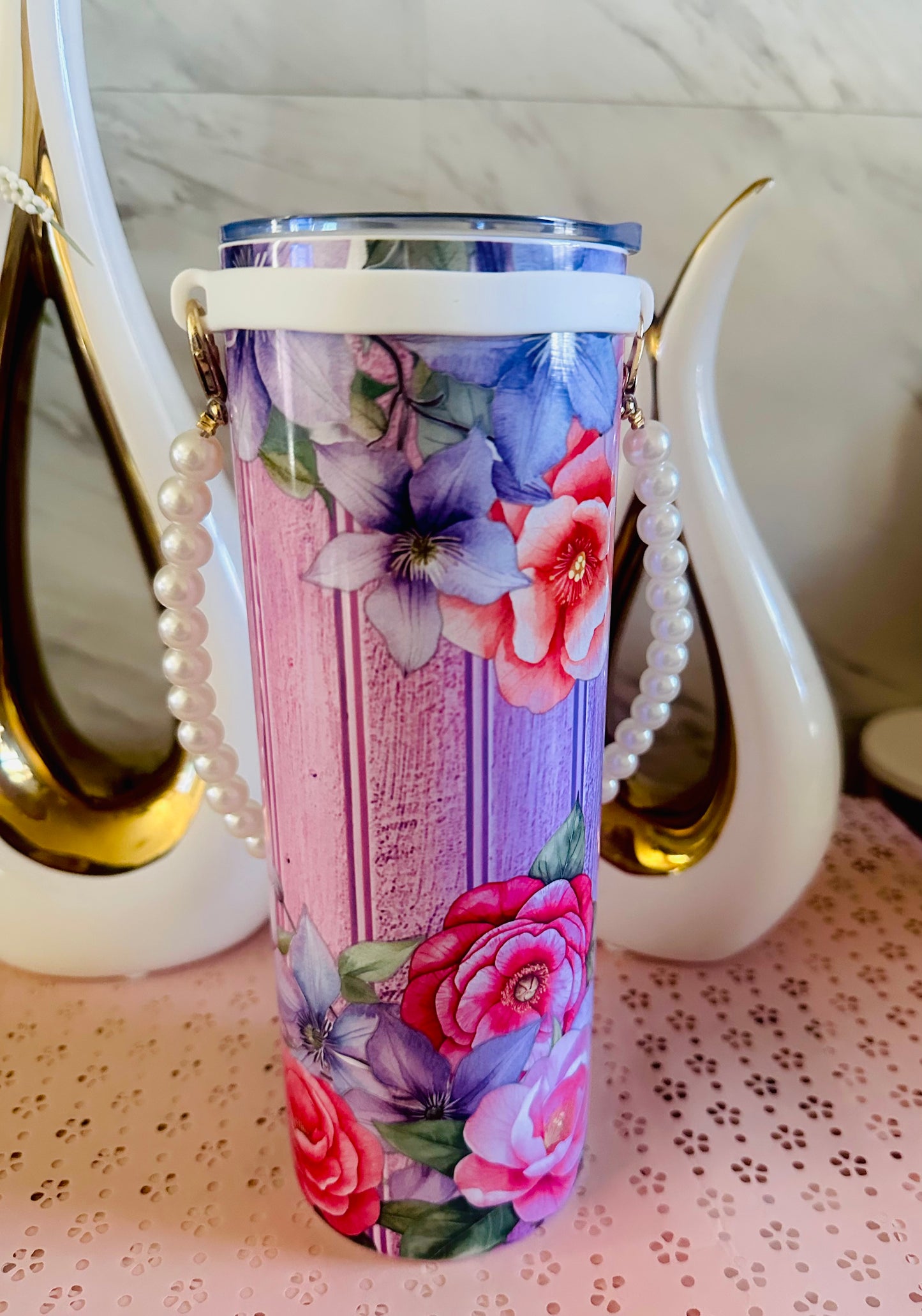 Floral Pearl Handle 20 oz Tumbler | Elegant Gift for Mom, Grandma & Her