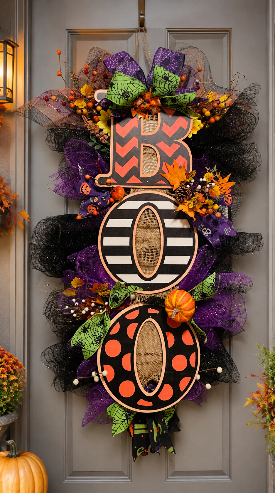 "BOO" Halloween Deco Mesh Door Wreath — Purple, Green & Orange | Handmade