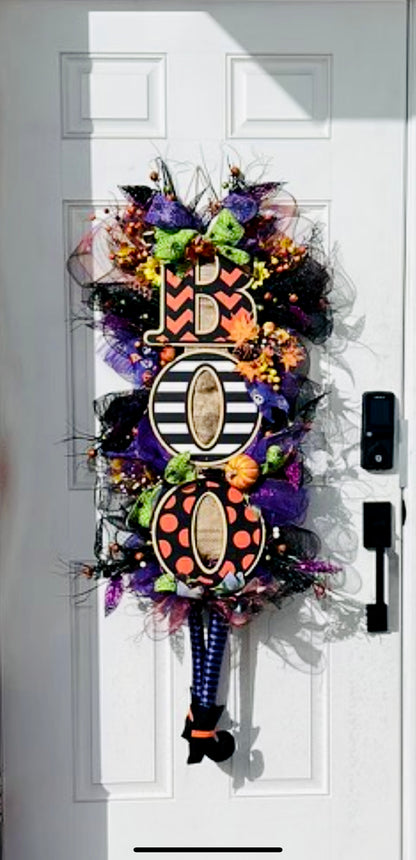 "BOO" Halloween Deco Mesh Door Wreath — Purple, Green & Orange | Handmade