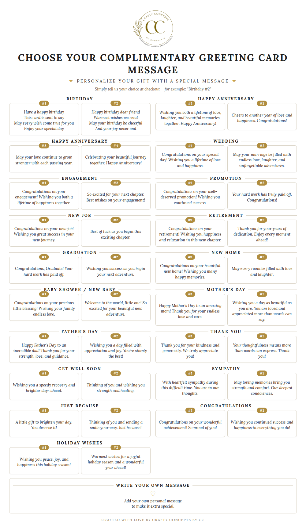 A digital preview of a complimentary greeting card message template sheet featuring various occasions like weddings, anniversaries, and graduations with placeholder text and a customizable message area at the bottom.