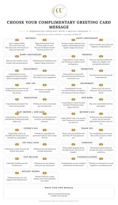 A digital preview of a complimentary greeting card message template sheet featuring various occasions like weddings, anniversaries, and graduations with placeholder text and a customizable message area at the bottom.
