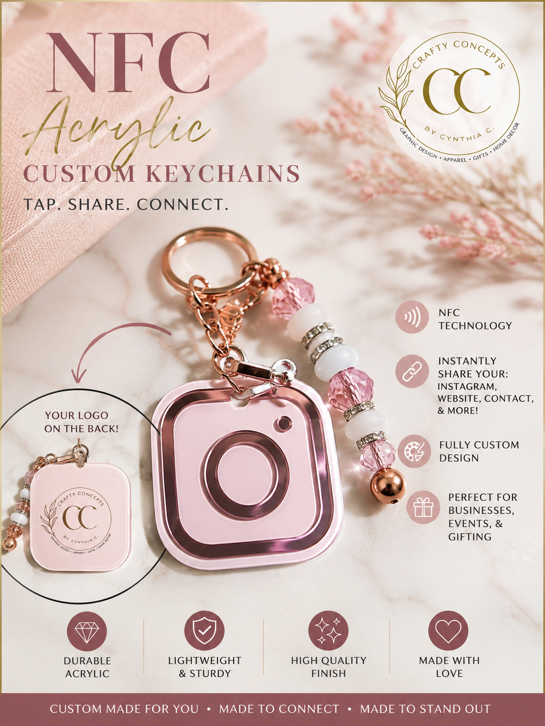Custom NFC & QR Code Acrylic Keychain | Tap to Share Instagram, Website & Links | Small Business Networking Gift