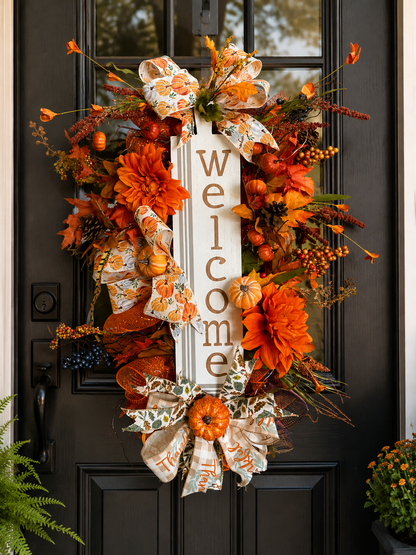 Handmade 24-inch autumn welcome wreath with orange dahlias, pumpkins, berries, pinecones, and pumpkin-print ribbon on a black door