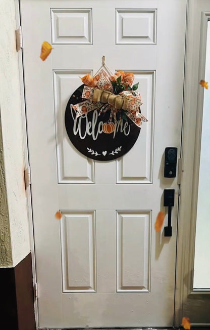 Fall Welcome Door Hanger | 18" Hand-Painted Pumpkin Round Wood Sign | Autumn Front Door Decor