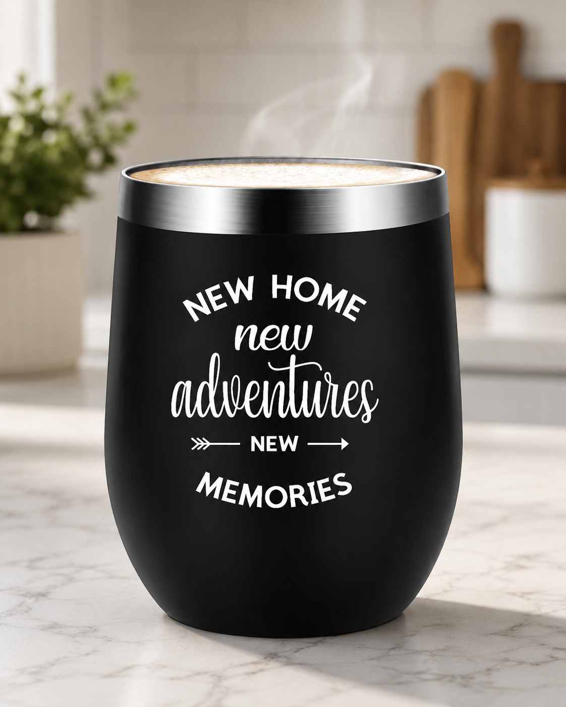 Black engraved wine tumbler reading “New Home, New Adventures, New Memories” — new home gift.