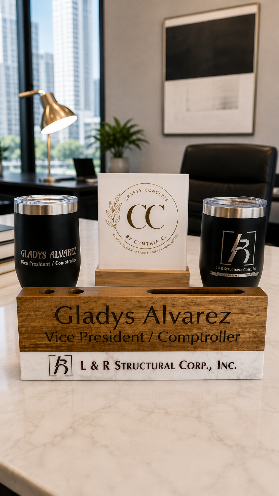 Personalized corporate executive gift featuring a custom engraved desk nameplate and black tumbler with company logo, name and professional title.