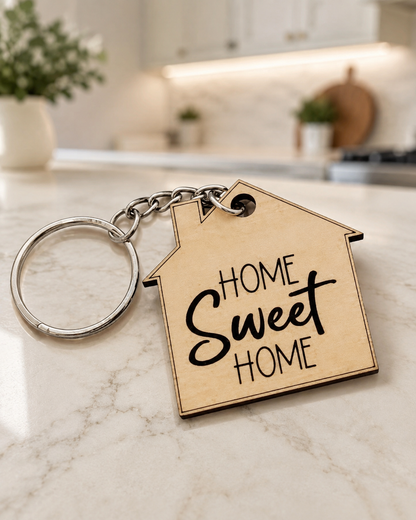 “Home Sweet Home” wood keychain — new homeowner gift accents.