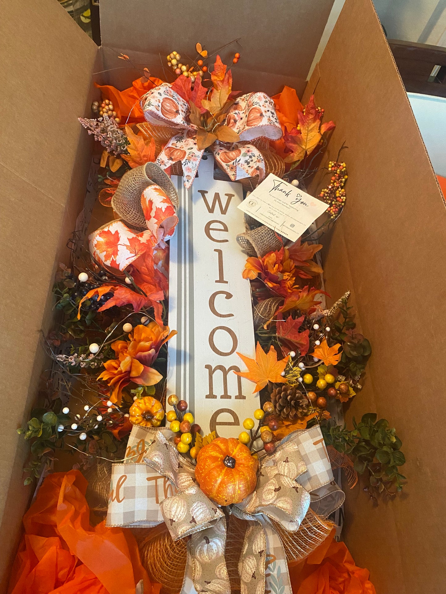 24" Lighted Fall Welcome Wreath | Lit Pumpkin Front Door Decor | Autumn LED Wreath