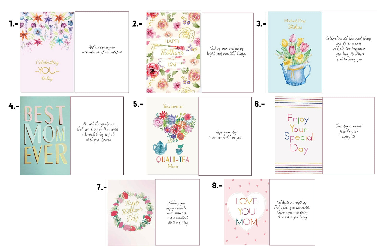 A collection of eight diverse Mother's Day greeting card designs featuring floral watercolors, modern typography, and whimsical illustrations like teapots and watering cans, each paired with a heartfelt message of appreciation.