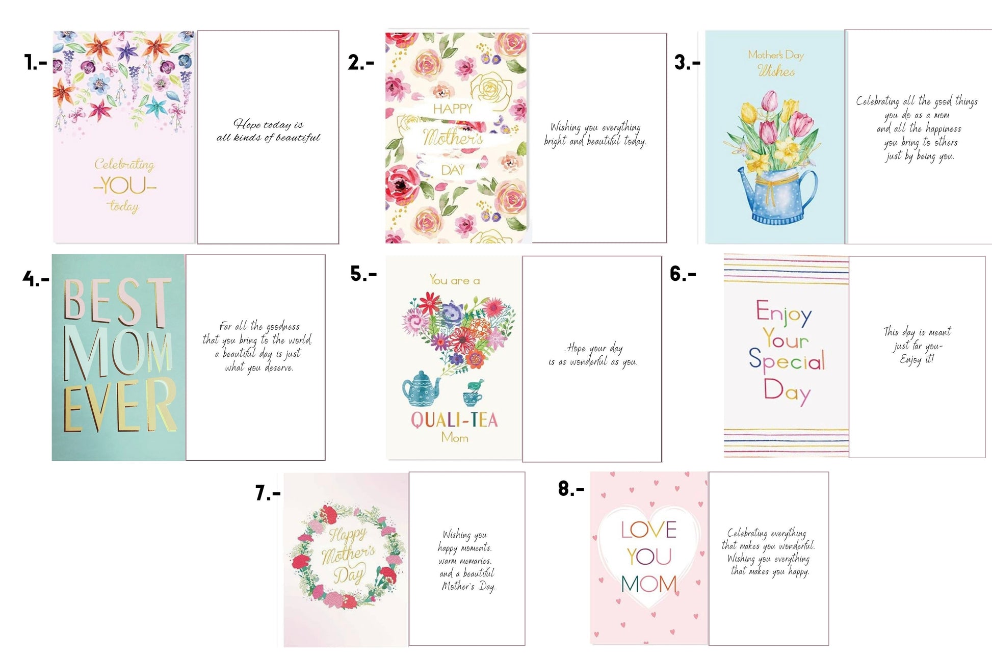 A collection of eight diverse Mother's Day greeting card designs featuring floral watercolors, modern typography, and whimsical illustrations like teapots and watering cans, each paired with a heartfelt message of appreciation.