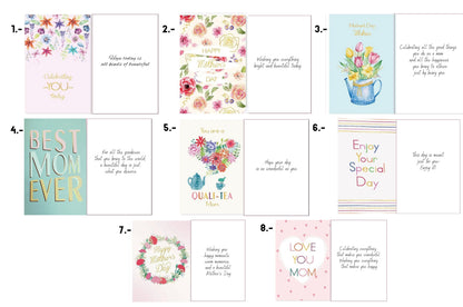 A collection of eight diverse Mother's Day greeting card designs featuring floral watercolors, modern typography, and whimsical illustrations like teapots and watering cans, each paired with a heartfelt message of appreciation.