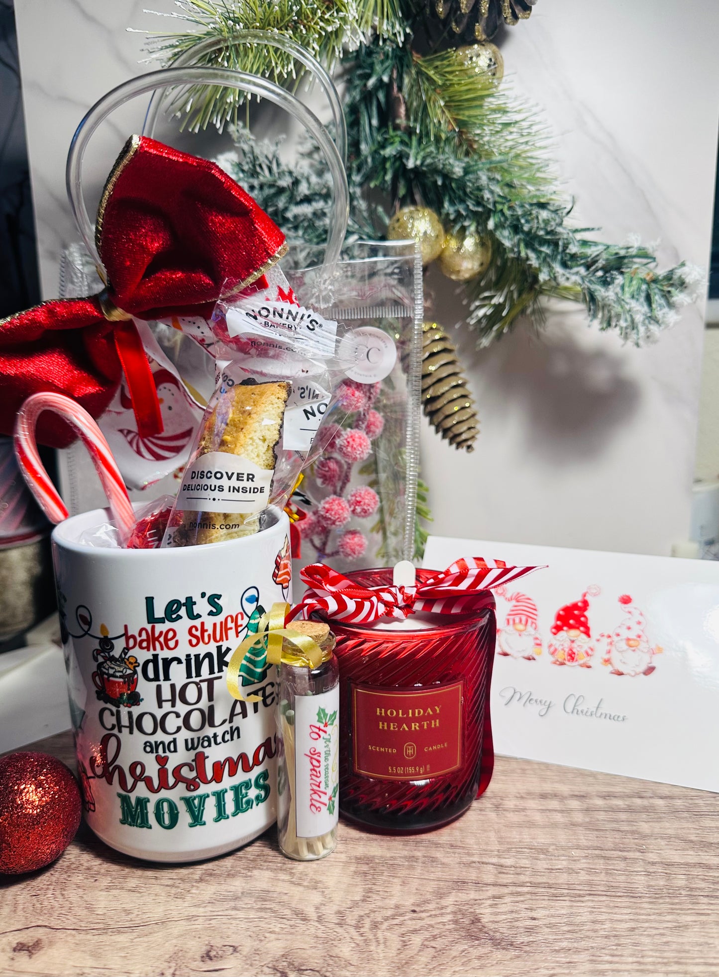 Christmas coffee mug gift bag with cocoa kit and candle
