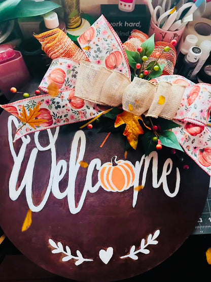 Fall Welcome Door Hanger | 18" Hand-Painted Pumpkin Round Wood Sign | Autumn Front Door Decor