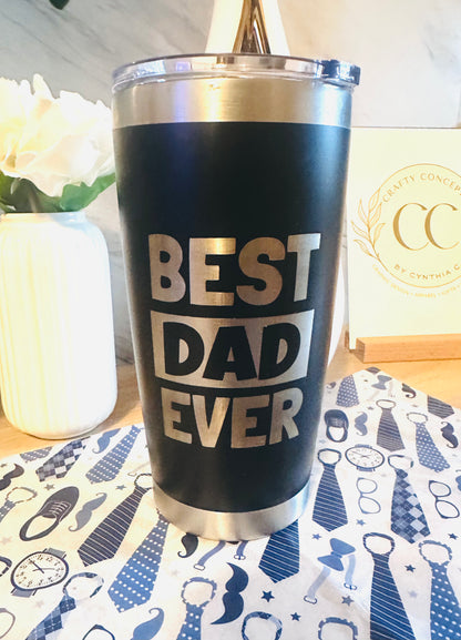 Black stainless steel “Best Dad Ever” tumbler paired with a personalized laser engraved leather keychain displayed as a Father’s Day gift set.