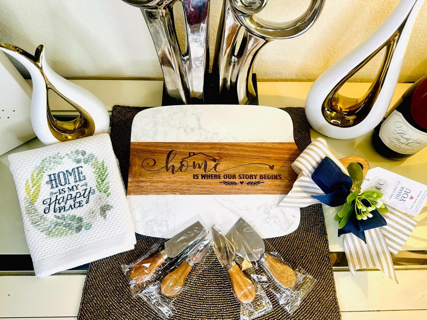 Personalized marble and wood cutting board with multiple engraving design options for housewarming wedding or realtor gift set