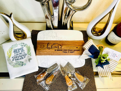 Personalized marble and wood cutting board with multiple engraving design options for housewarming wedding or realtor gift set