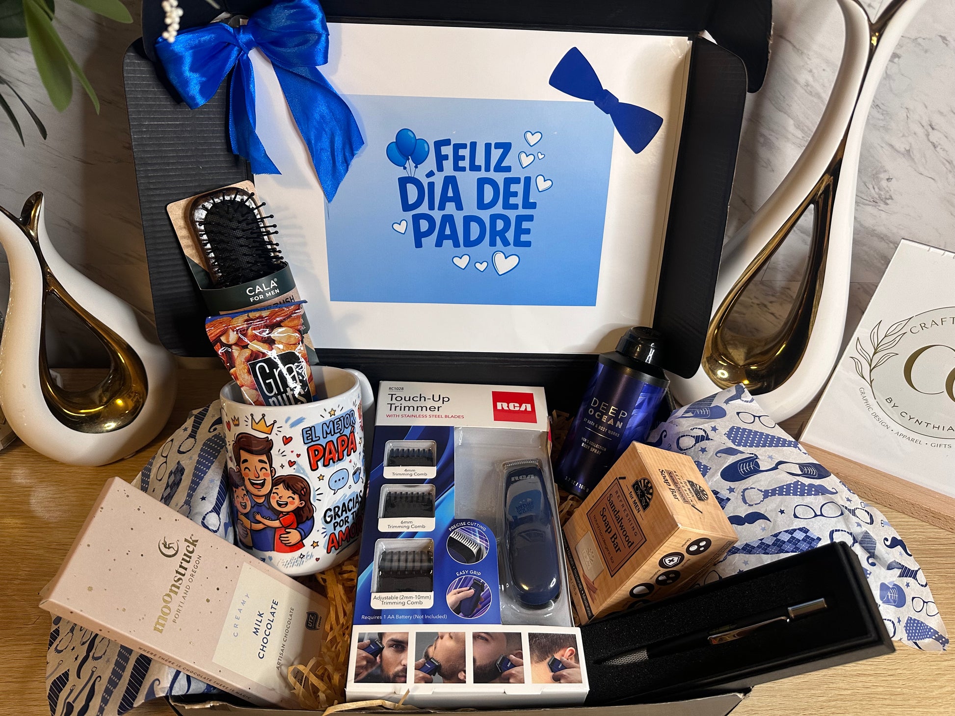 Personalized Classic Dad Father’s Day gift box with Spanish coffee mug, engraved wooden keychain, and multi-tool pen
