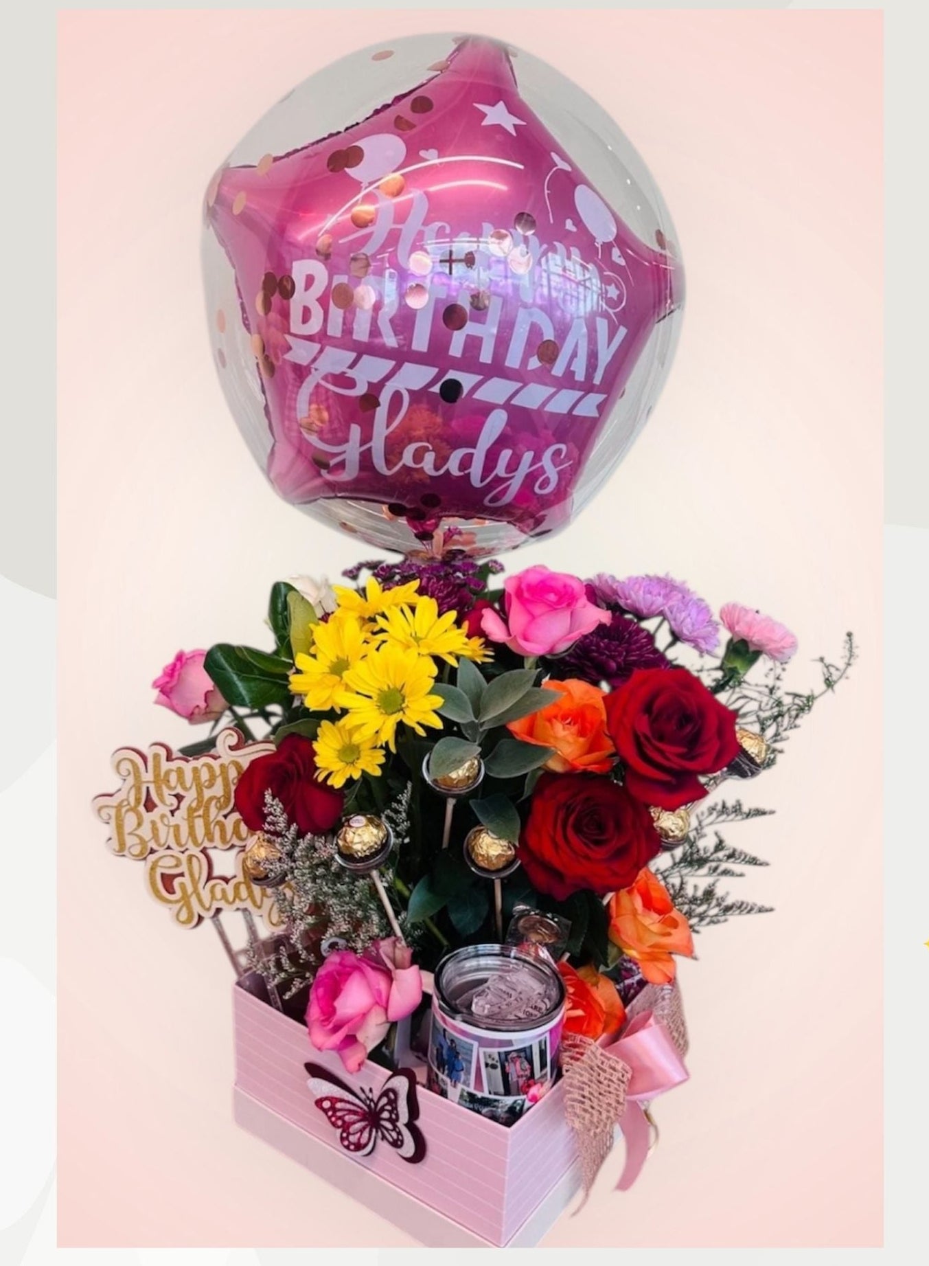Grand Birthday Garden | Roses, Photo Mug & Personalized Balloon | Local Miami Delivery