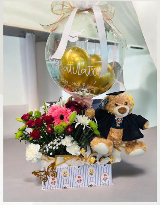 Graduation Elegance Celebration Basket | Florals, Plush & Personalized Balloon | Local Miami Delivery