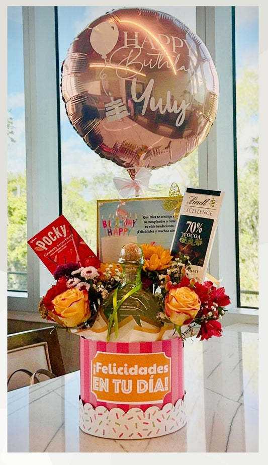 Fiesta Celebration Basket | Fresh Florals, Chocolates & Balloon | Local Miami Delivery