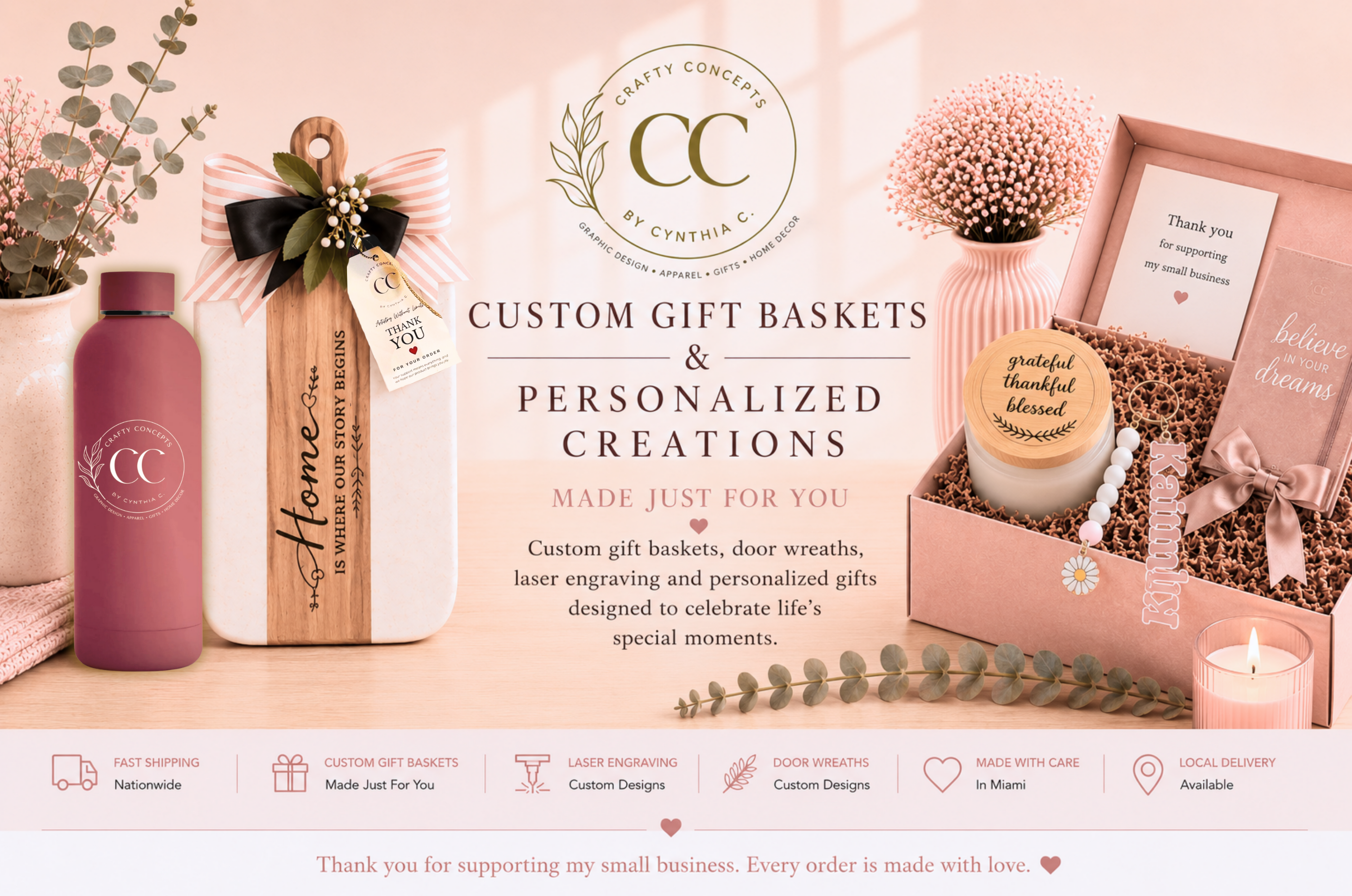 Soft rose banner featuring a personalized gift box with an engraved candle, custom acrylic keychain, inspirational journal, and elegant gift packaging, alongside a personalized tumbler and engraved cutting board. Crafty Concepts by Cynthia creates custom gift baskets, laser engraved gifts, personalized keepsakes, and door wreaths.