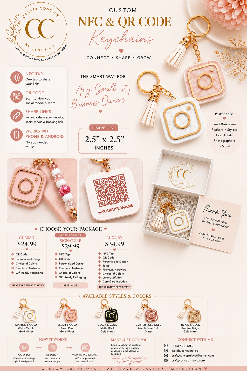 Custom NFC and QR code acrylic keychains by Crafty Concepts by Cynthia displayed in a soft blush and gold promotional layout. Features marble, blush pink, black, glitter rose gold, and beige keychain styles, personalized QR code and NFC options, premium gift-ready white packaging, pricing packages, and contact information. Compatible with iPhone and Android for instant social media, website, and contact sharing.