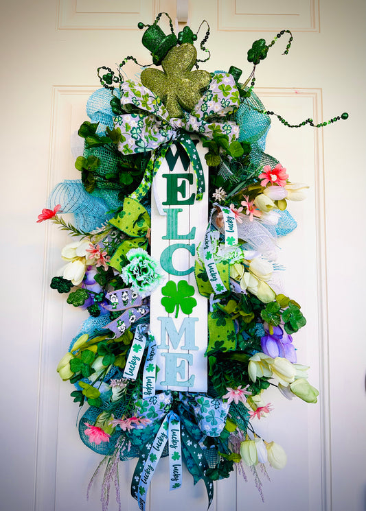🍀 St. Patrick’s Day Welcome Door Wreath | Green & Blue Mesh Floral Front Door Decor