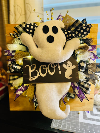 "Boo!" Ghost Halloween Door Wreath – Plush Ghost with Wood Sign