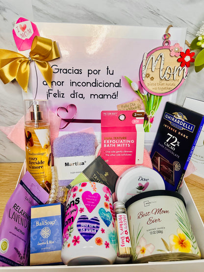 Wellness and self-care items including a lavender face mask, body cream, artisan soap, and a gold-trimmed candle jar.