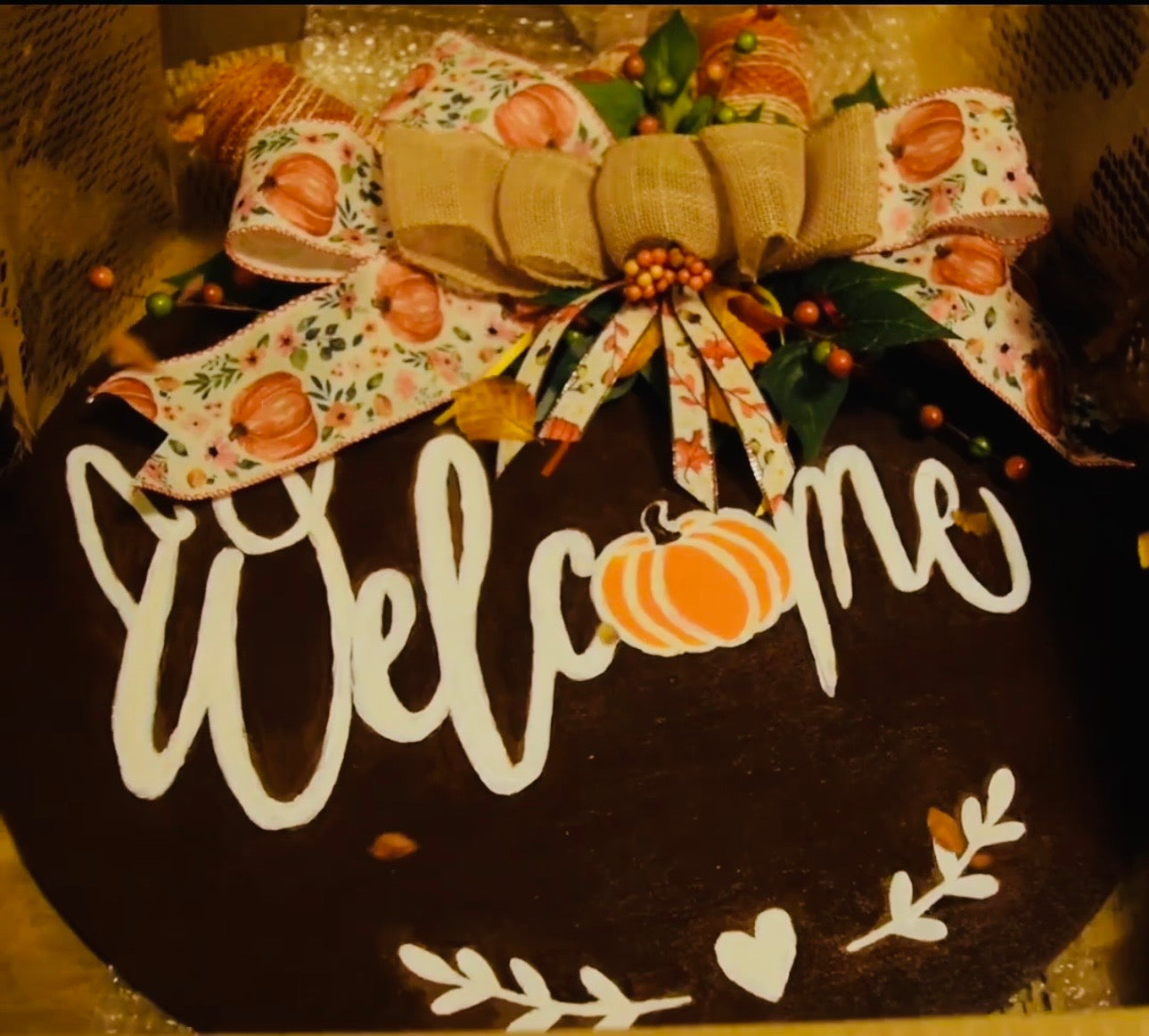 Fall Welcome Door Hanger | 18" Hand-Painted Pumpkin Round Wood Sign | Autumn Front Door Decor