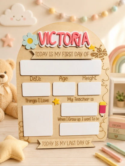 Personalized First & Last Day of School Sign – Reusable Dry Erase Milestone Board, Acrylic Name & 2 Interchangeable Banners