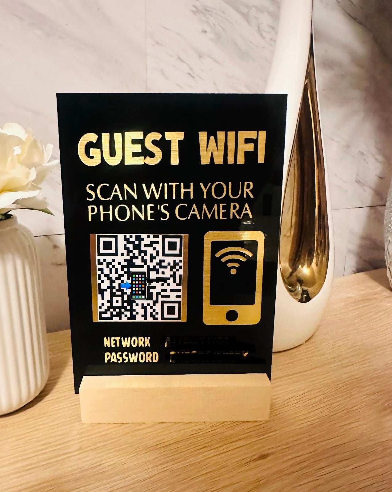 Custom Acrylic QR Code Sign · Google Review, Social Media, WiFi & Payment Display · Full Color or 3D Gold Accents