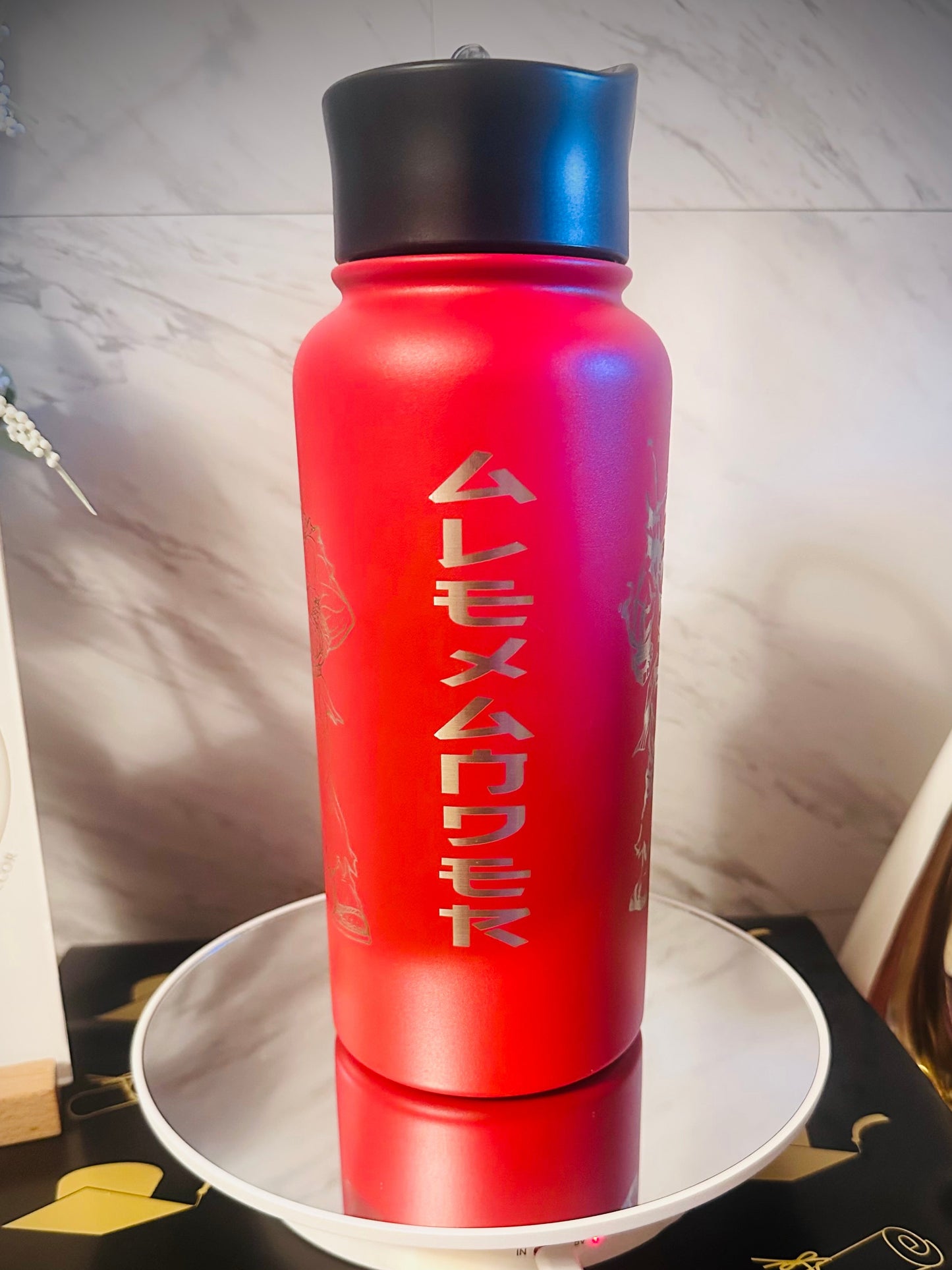  laser engraved water bottle with custom anime character design engraved in silver, made to order graduation gift