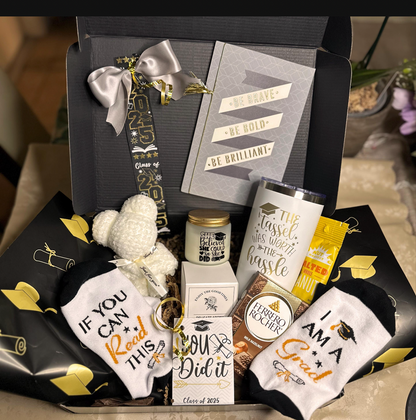 Graduation self-care gift box with white laser engraved tumbler, She Believed She Could candle, You Did It tag and Class of 2025 ribbon
