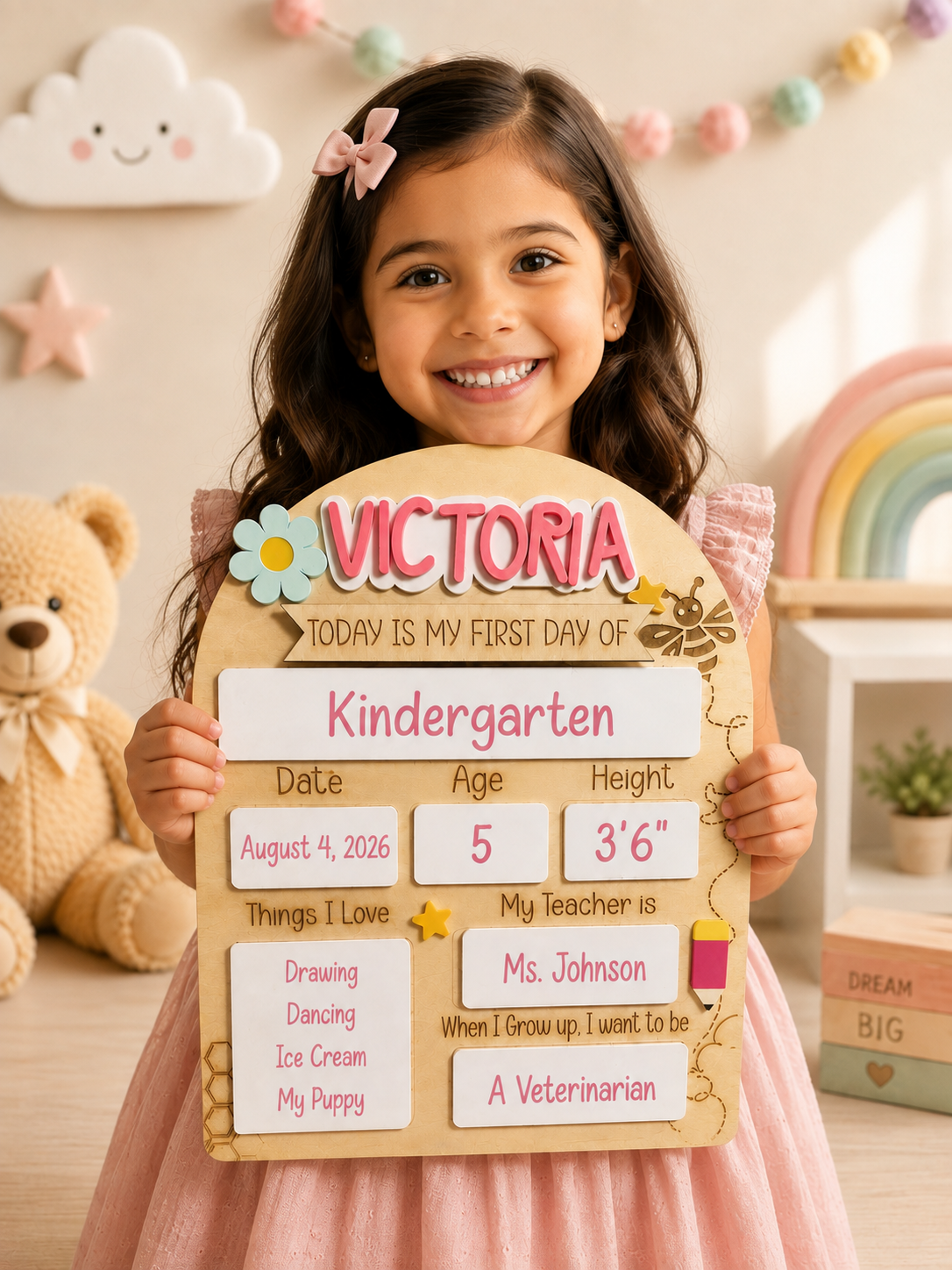 A young girl with dark hair and a pink bow smiles while holding a personalized wooden kindergarten milestone board. The board is decorated with the name 'VICTORIA' in colorful letters and includes fields for date, age, height, things she loves, and her future aspirations.