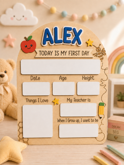 A personalized wooden first birthday milestone board for a child named ALEX, styled in a warm, cozy children's room setting with a teddy bear, stars, and pastel decorations.
