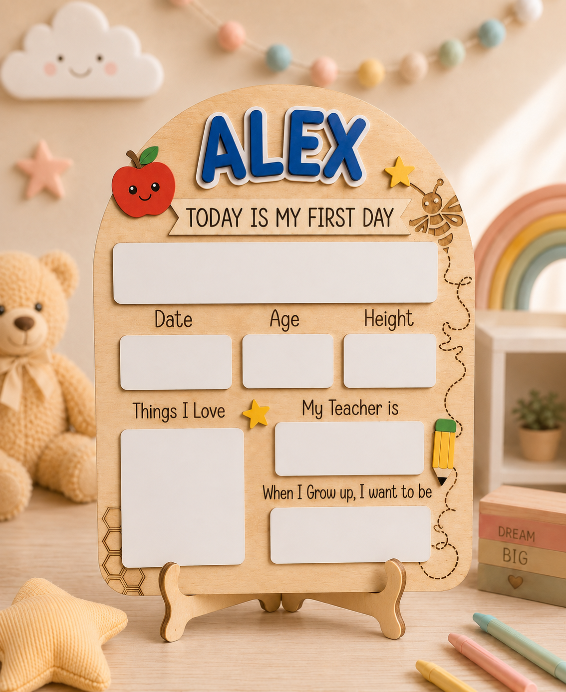 Personalized wooden first day of school board with blue acrylic name Alex displayed upright on a wooden easel stand