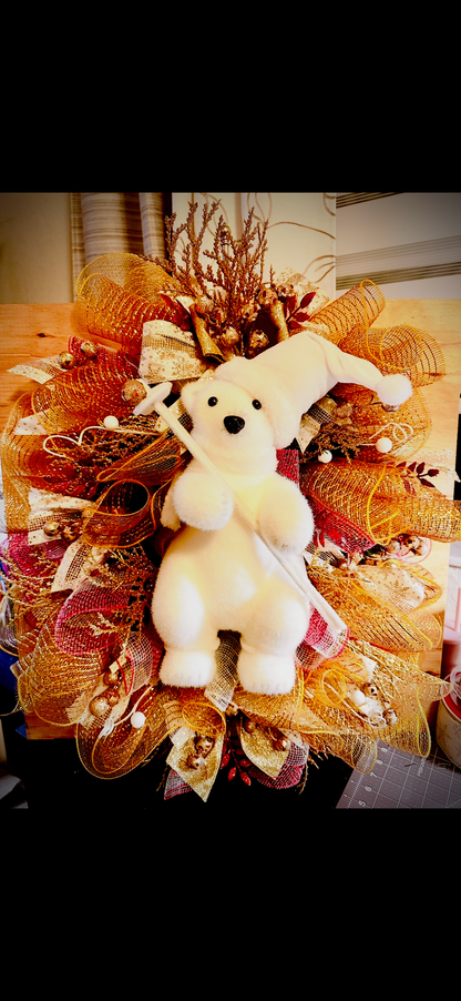 Golden Winter Polar Bear Christmas Wreath | Corona Navideña Oso Polar Dorada